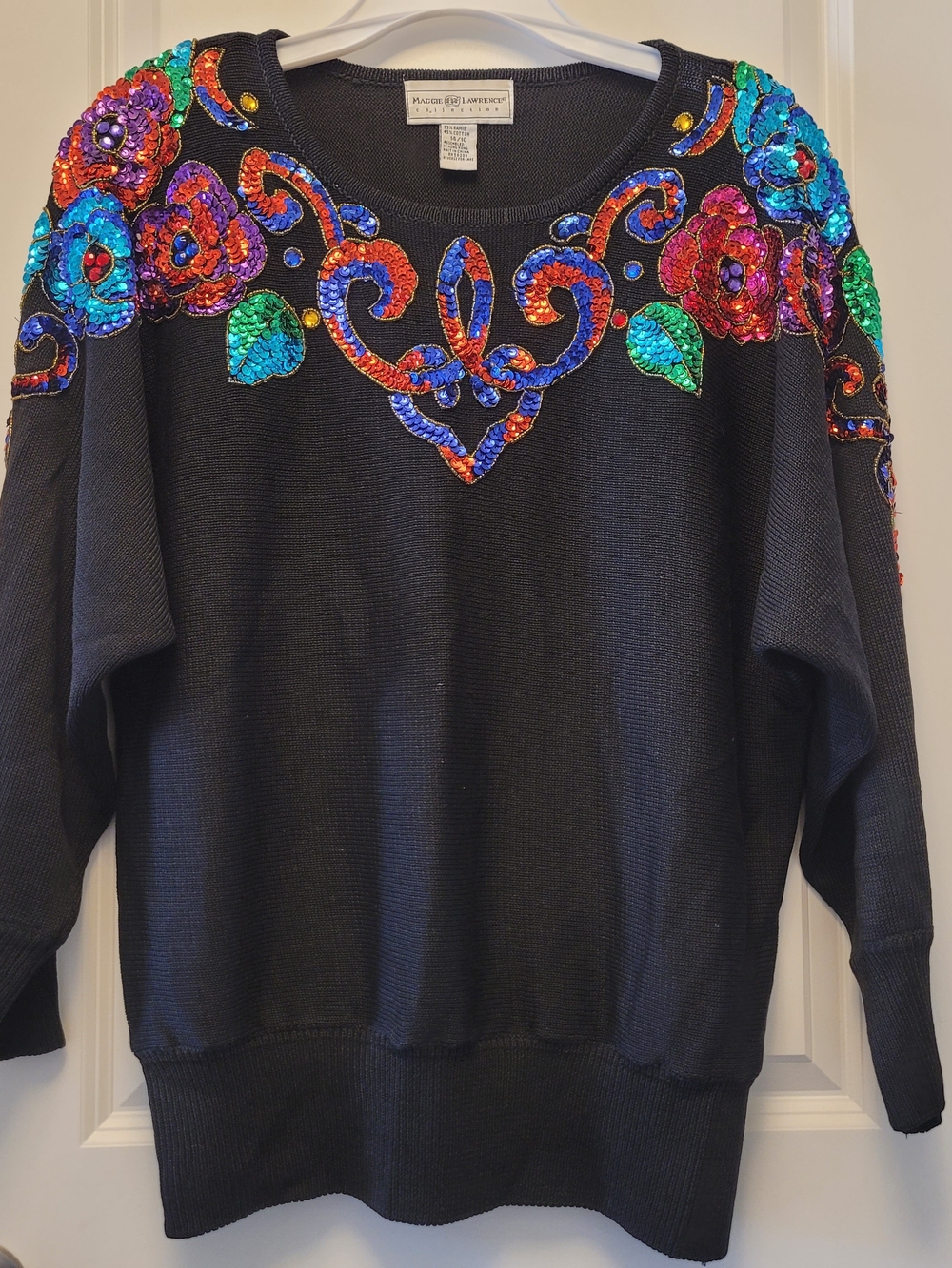 Vintage Maggie Lawrence 14/16 Black Sequin Floral Statement Sweater Shoulder Pad